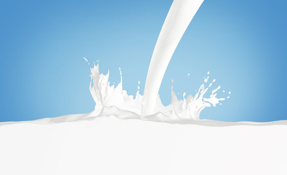 Blank milk splash in motion mock up, on blue background, 3d rendering. Empty milky surface mock up. Clear dairy splashing with drops. Liquid for breakfast template. Moment of jet pour.
