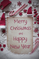 Fototapeta na wymiar Retro Christmas Flat Lay, Snow, Merry Christmas And Happy New Year