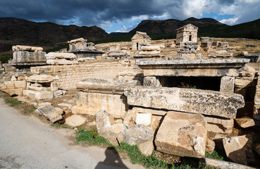 Ruins of the largest antique necropolis in city Hierapolis in terrain of Turkey