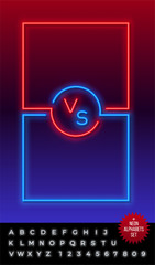 Neon frames for versus battle, sports and fight competition. Concept in neon style for two fighters with alphabet. Vector illustration