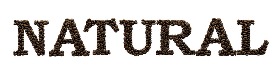 Natural word made from coffee bean font. 3D Rendering