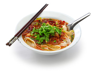  Lao khao soi, wide rice noodles soup with spicy minced pork, laos food
