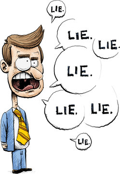 A lying cartoon businessman or politician in a suit with speech bubbles filled with lies.