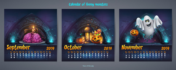 Set of autumn months calendar 2019