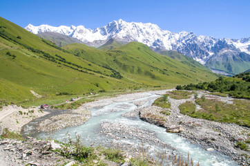 Fototapeta na wymiar Glacier Shkhara and the Inguri River Valley, Svaneti, Georgia