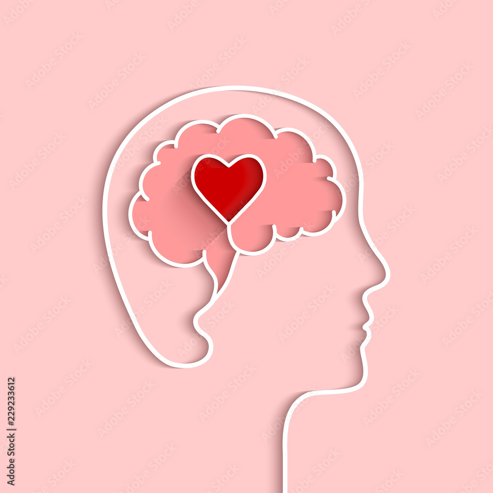 Poster head and brain outline with heart concept. vector illustration in flat design with shadow on light p