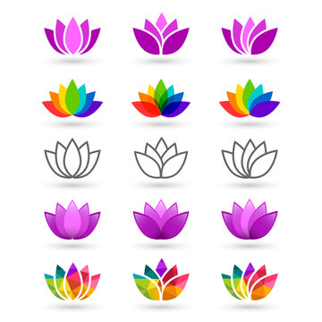 Lotus flower set made in various style and design. Compilation includes abstract, pruple, colorful, rainbow and line art icons.