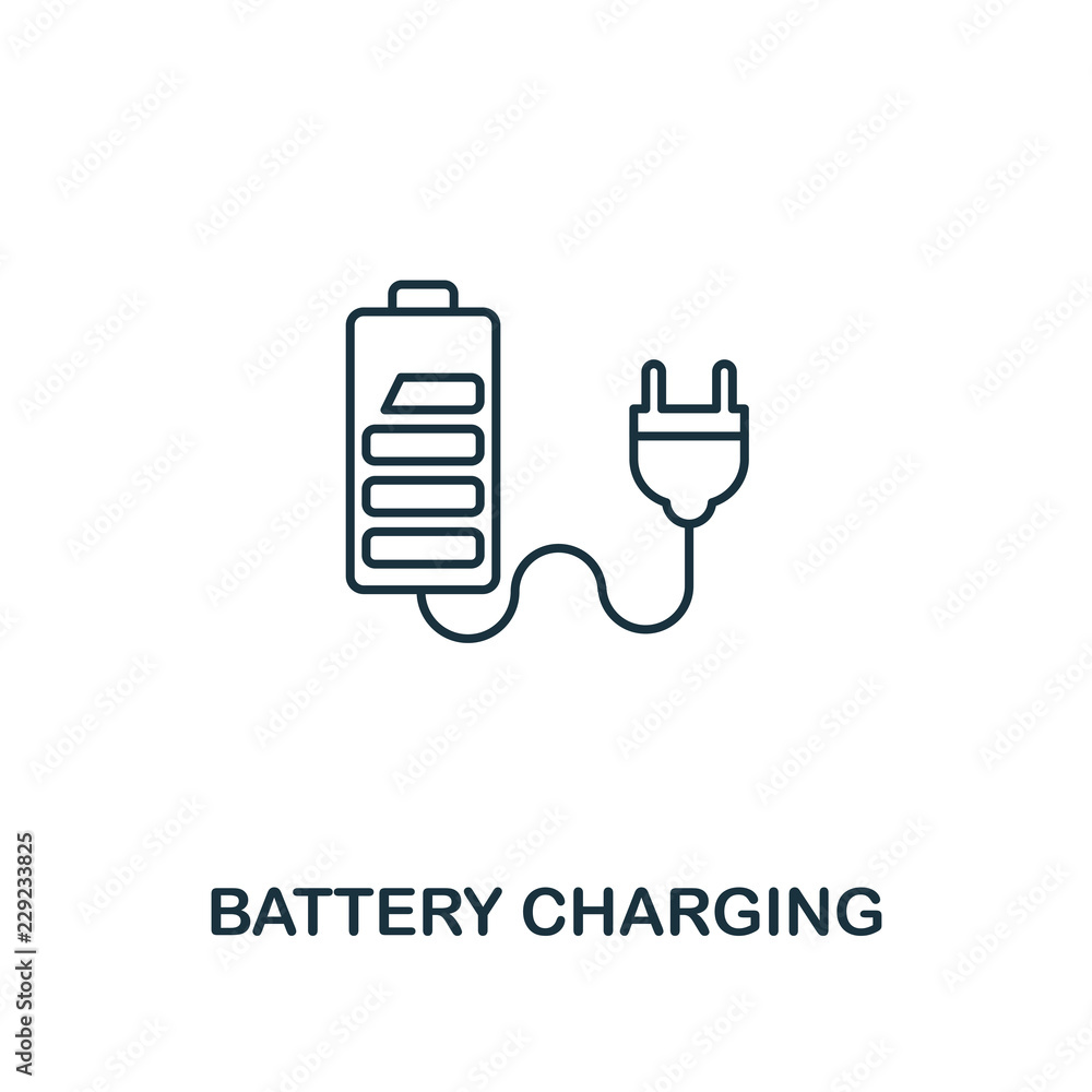 Poster battery charging icon outline style. premium pictogram design from power and energy icon collection.