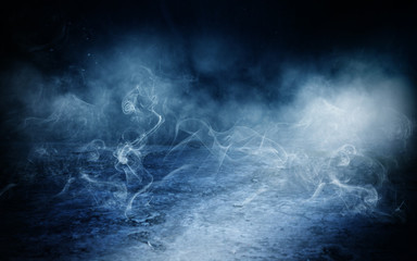 background of empty room at night, concrete floors and walls, neon light, fog, smoke, smog