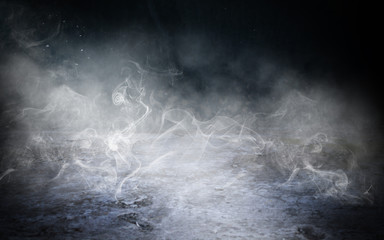 Fototapeta na wymiar background of empty room at night, concrete floors and walls, neon light, fog, smoke, smog