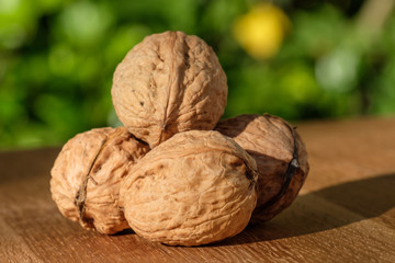 Mehrere Walnüsse auf Tisch (Juglans regia)