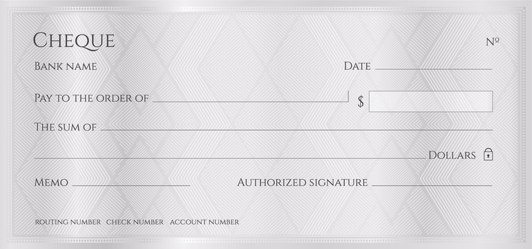 Cheque, Check, Chequebook template. Guilloche pattern with abstract geometric watermark. Silver background for banknote, money design, currency, bank note, Voucher, Gift certificate, Money coupon