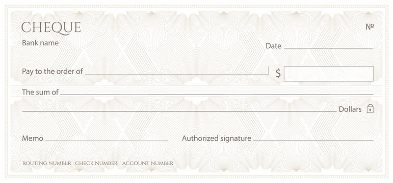 Check, Cheque (Chequebook template). Guilloche pattern with abstract floral watermark, border. White background for banknote, money design,currency, bank note, Voucher, Gift certificate, Money coupon