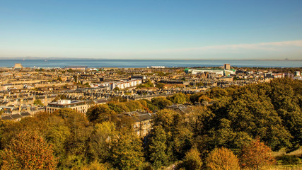 View over the north of the city of Edinburgh to the Firth of Forth from Calton Hill.