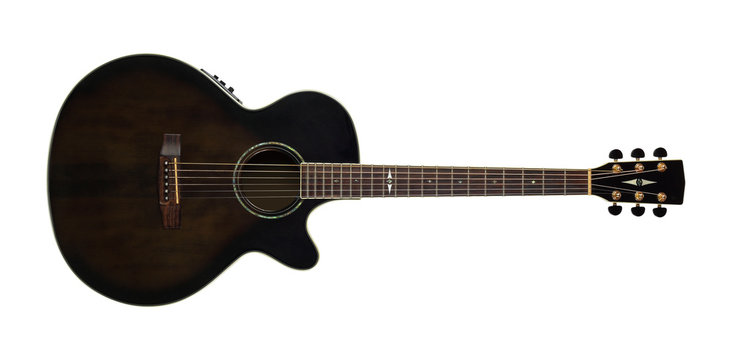 Musical instrument - Top view brown cutaway electric acoustic guitar. Isolated