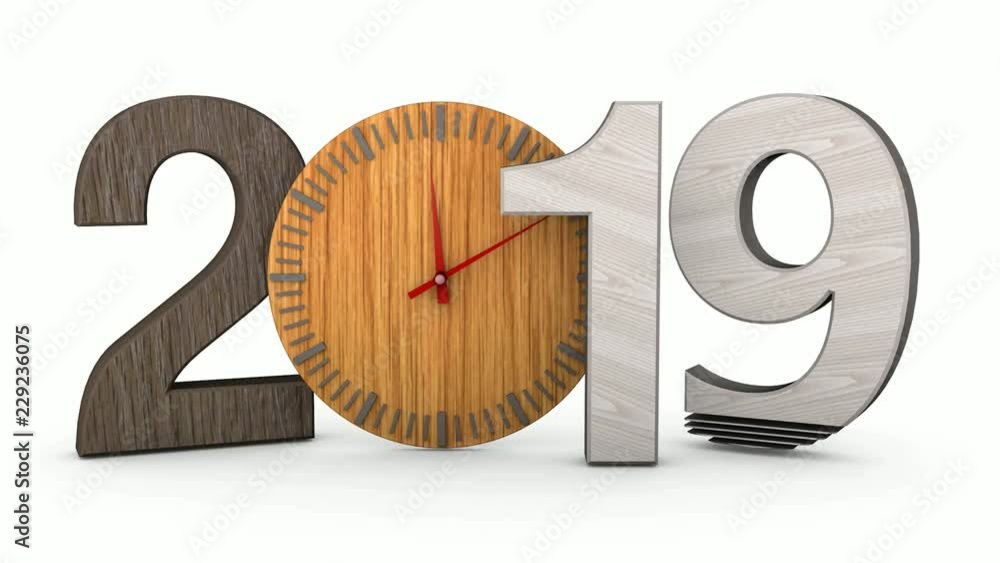 Poster 3d animation of wooden clock and disappearing and appearing numbers 2019 and 2018.