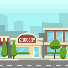 Fototapeta premium vector cartoon flat hand drawn grocery store street building front view illustration