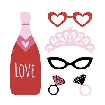 Party photo booth props. Holiday funny elements. Valentines day or wedding props - champagne, crown, glasses, diamond rings.