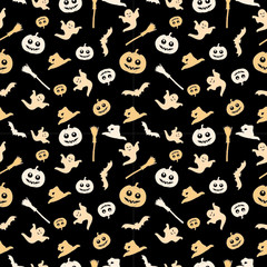 Seamless black background with a Halloween theme. The background shows a pumpkin, a broom, a witch's cap, a ghost and a bat.