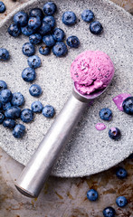 Ice cream from blueberries. Summer sweet Dessert.Top View.Single Banner. selective focus.