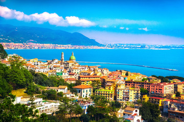 Vietri sul Mare town in Amalfi coast, panoramic view. Salerno Italy - obrazy, fototapety, plakaty