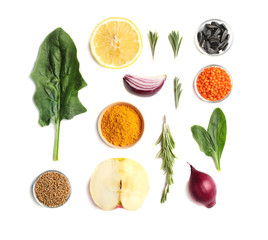 Natural products as home remedies for asthma on white background, top view