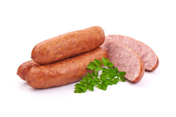 Dried Sausages For Beer with Parsley, isolated on a white background. Close-up.