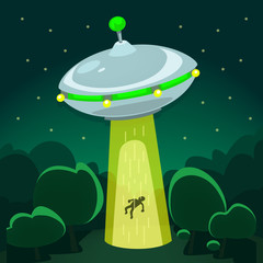 vector cartoon semi flat ufo night scene alien abduction in forest field with star sky background story illustration