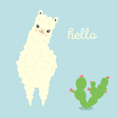 Vector Illustration of cute cartoon llama or alpaca with cactus. Childish print for fabric, t-shirt, poster, cards, invitations, cases, pattern, patch and sticker