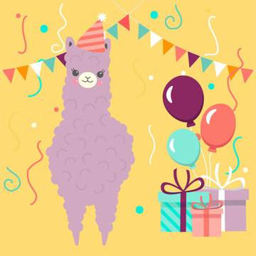Happy Birthday greeting card with cute purple llama or alpaca. Vector illustration for poster, card, textile or invitation