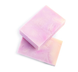Hand made soap bars on white background, top view