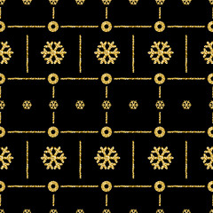 Black Christmas pattern background with golden glittering snowflakes, vector illustration