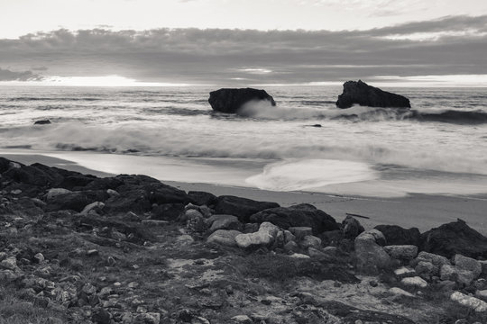 Fototapeta beautiful scenic beach of milady in evening summer, biarritz, basque country, france in black and white