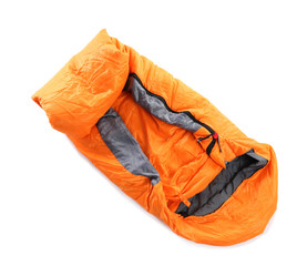 Sleeping bag on white background, top view. Camping equipment