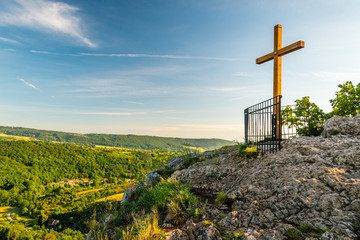 Svaty Jan pod Skalou summit cross at sunrise, Beroun District, Central Bohemian Region, Czech...