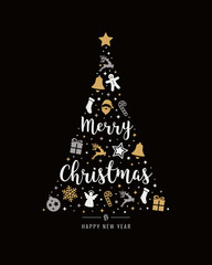 Fototapeta na wymiar christmas tree gold icon elements lettering black background