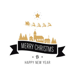 Merry christmas greeting text gold santa sleigh landscape white background