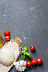 Pizza ingredients on the grey background with copy space, vertical photo, you can put your image or inscription