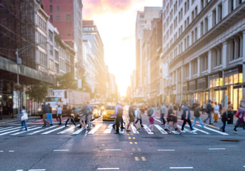 Busy intersection of 23rd Street and 5th Avenue in Manhattan with crowds of diverse people crossing in front of cars and taxis in New York City - obrazy, fototapety, plakaty