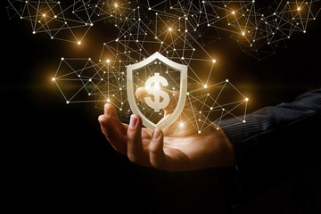 A man's hand with a golden shield and a dollar sign inside at the dark background emitting bright light.
