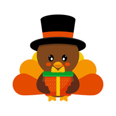 cartoon cute turkey in hat vector with gift