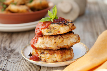 Chicken cutlets. Homemade food. Cooking healthy food. Rustic board.