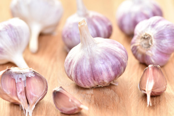 Garlic on the table. Spice for meat.