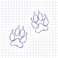 animal tracks icon. Hand drawn picture on paper sheet. Blue ink, outline sketch style. Doodle on checkered background