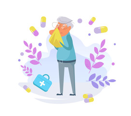 Old person flu Vector. Cartoon. Isolated art on white background. Flat