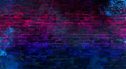 Empty background of old brick wall, background, neon light
