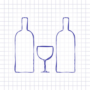 glass and bottles icon. Hand drawn picture on paper sheet. Blue ink, outline sketch style. Doodle on checkered background