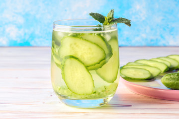 Cucumber water with mint leaves with slices of vegetables