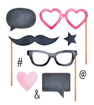 Photo booth holiday collection with fun glasses, mustache, blank chalk boards and various party symbols. Hand drawn watercolour painting, cutout clip art elements for design, decoration, compositions.