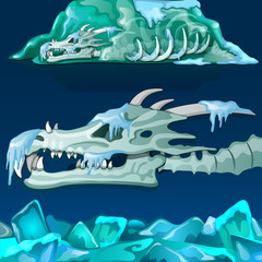Snow-covered skull of dragon isolated on blue background. Vector illustration.